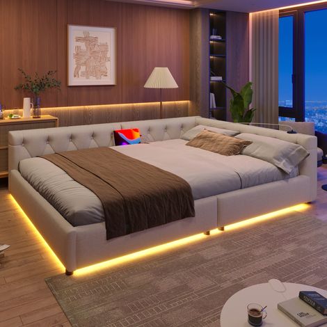 Lit banquette 140 x 200 cm en lin beige avec LED 7 couleurs, USB et USB-C, tête de lit capitonnée (1/5)