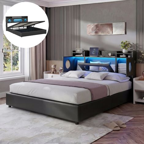 lit 160 x 200cm avec sommier, Coffre de rangement, avec port USB et LED, Grand lit 2 places, Chambre moderne, PU, Noir