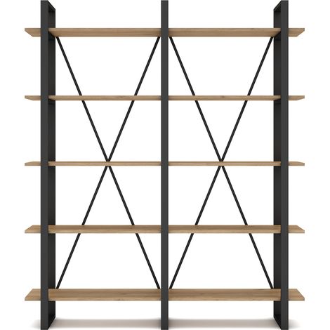 Etagère haute, meuble étagère aspect bois coloris naturel et métal noir - Longueur 147,50 x Profondeur 34 x Hauteur 180 cm (1/5)
