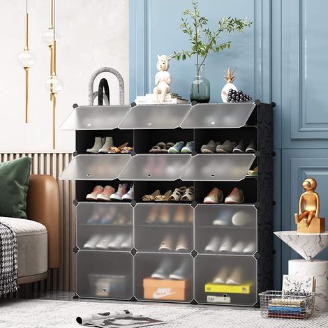 Hofuton Range-Chaussures Portatif, Portes Transparentes, Tablette Modulaire Gagner de la Place, Porte-Chaussures, Bottes, Pantoufles, 24 Cubes, Noir (1/5)
