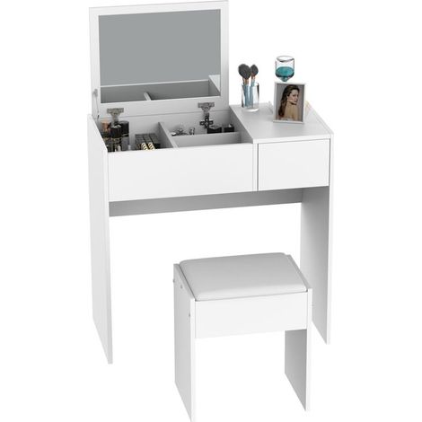 MOBILE TOLETTA CON SPECCHIO SGABELLO CASSETTO E TAVOLO CONSOLLE BIANCO 80 X 40 X 79 CM (1/5)