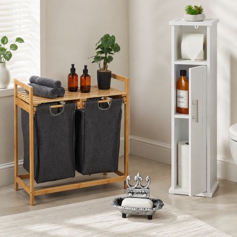Set da bagno Slim in bambù (3 pezzi) – Stendibiancheria, mobiletto stretto e portasapone in ghisa (1/5)