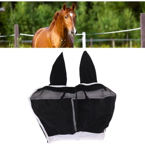 Masque Anti-Insectes pour Cheval Modèle L Noir avec Protection UV et Oreilles Mesh Respirable 45x54cm