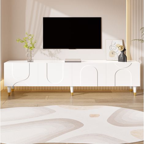 Meuble TV bas blanc 4 portes avec relief d’arc asymétrique 180 x 40 x 50 cm (1/5)