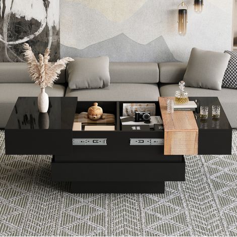 Table basse carrée 70x70x39 cm noire, plateau coulissant et rangement caché, MEUBLIV (1/5)