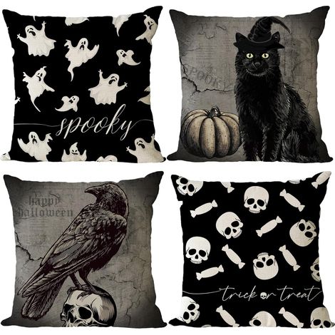 Juego de 4 fundas de cojín de Halloween, 45 x 45 cm, diseño de calavera y fantasma, gato negro y cuervo, hechas de lino, para sofá, sillón o uso exterior. (1/5)