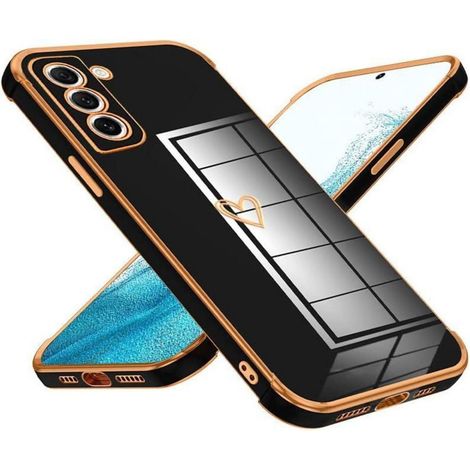 Coque pour Samsung Galaxy S22 avec motif cœur plaqué or, protection caméra, TPU souple, ultra fine, antichoc, noir (1/5)