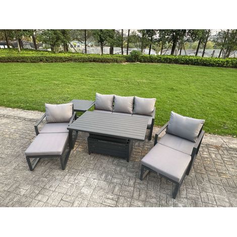Fimous 7-Piece Aluminium Garden Furniture Sets 7 Seater Outdoor Sofa Set with Adjustable Rising Lifting Dining Table 2 Chairs 2 Big Footstools Side Table (1/5)