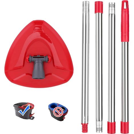 Tête De Balai Rotative Rouge, Manche Acier, Base Triangulaire Pour Vileda Turbo Spin (1/5)