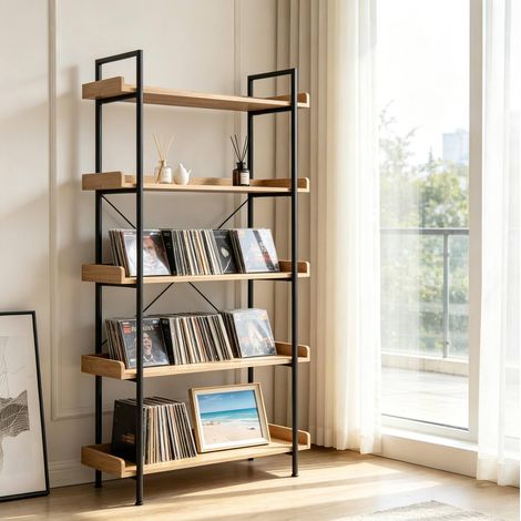 Bibliothèque étagère de rangement 5 niveaux en MDF et métal, meuble sur pied pour salon, bureau ou chambre, coloris noir et bois clair pratique - CHICFURN (1/5)