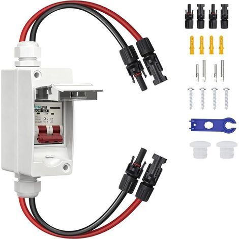 DC circuit breaker and isolation switch for photovoltaic system, 2 poles, 32 A, 500 V DC, with cable, waterproof IP65, model DZ47X. (1/5)