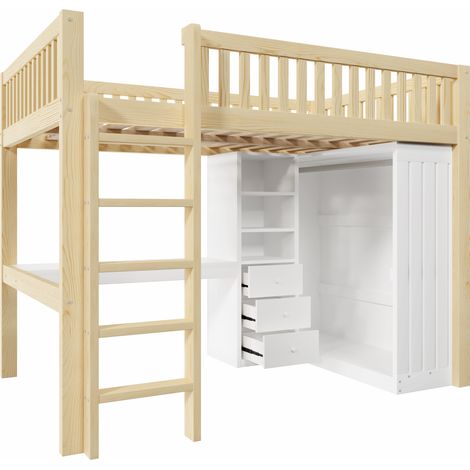 Letto a soppalco 140 x 200 cm con scrivania, armadio e 3 cassetti, pino e MDF, naturale (1/5)