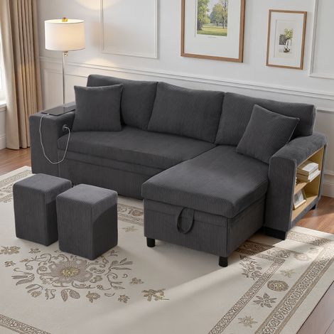 Seyakany Canapé convertible 3 places avec port USB, étagères latérales,rangements,coussins,canapé d'angle en L,canapé 3 places,velours côtelé,Gris (1/5)