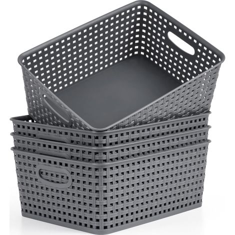 Panier Rangement Plastique Gris [Lot de 4] - Bacs Rangement Tissé pour Organiser Maison, Placard & Étagères de Cuisine, Buanderie, Chambre (1/5)