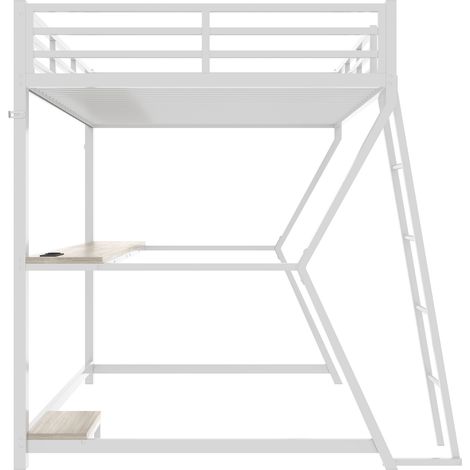 Cama alta 90 x 200 cm con escritorio, LED, enchufe USB, escalera y barandilla blanca (1/5)