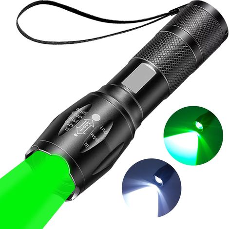 Lampe de poche verte rechargeable 2 en 1, super lumineuse, zoomable, 2000 lumens, avec combinaison de lumière blanche et verte, lampe torche étanche pour observation de nuit