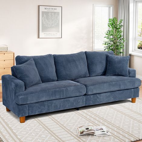 Neche 3-Sitzer-Sofa 221cm mit Cordpolsterung, extra tiefe Sitzfläche für das Wohnzimmer, 2 Kissen, blau