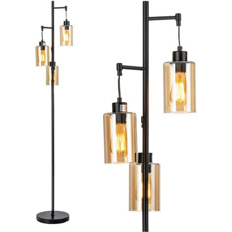Lampadaire rétro à 3 abat-jour en verre ambré, éclairage doux avec interrupteur au pied pour salon ou chambre (1/5)