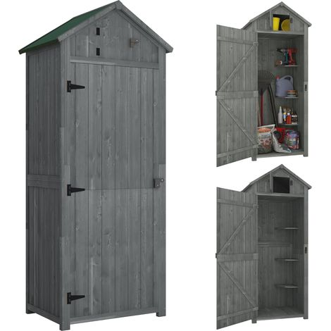 Gartenschrank Holz, Geräteschuppen wetterfest 77x54,2x179cm, Gerätehaus mit Tür, Satteldach, Geräteschrank mit Böden, Werkzeugschrank Gartenschuppen für Garten, Terrasse, Grau+Grün