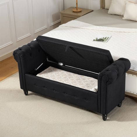 Banc banquette coffre 2 en 1 en tissu aspect lin comprenant pieds en bois 146,5 x 49 x 72 centimètres noir
