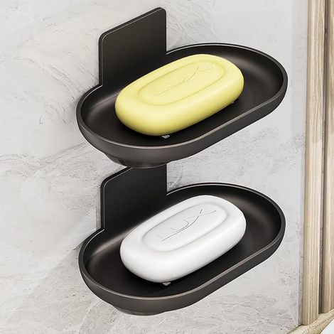 Double soap dish for shower, wall-mounted, with drain tray, made of aluminum, black (1/5)