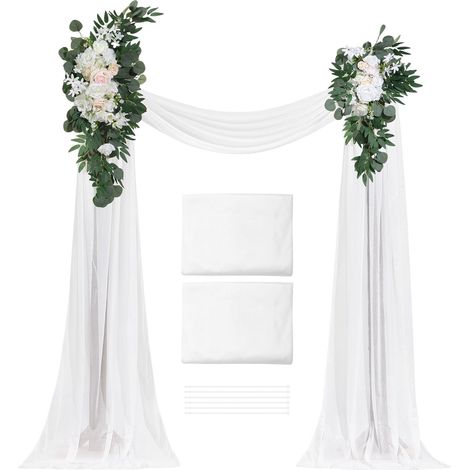Kit de Fleurs pour Arche de Mariage Blanc avec Draperies (Lot de 4) – 2 Compositions Florales, 2 Voilages, pour Cérémonie et Réception Décorative (1/5)