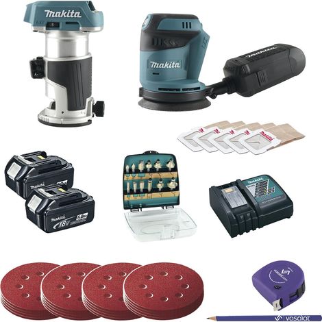 Makita Akku Exzenterschleifer 18V DBO180Z + Schleifscheiben Set 4-teilig K60/80/120/180 + Akku-Einhandfräse 18V DRT50Z, + Fräser 12-teilig, + 2x Akku 18V + Ladegerät
