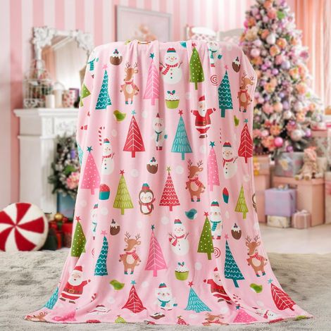Couverture de Noël en flanelle rose avec motif Père Noël et bonhomme de neige, 127 x 152 cm, douce et moelleuse, idéale pour le lit ou le canapé. Cadeau de Noël. (1/5)
