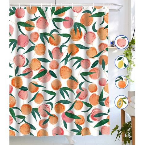 Rideaux de douche pêche, rideau de douche Allover Fruits, ensemble de rideau de douche en tissu imperméable, design coloré et lumineux, avec 12 crochets, rose pêche 72 "× 72" (1/5)
