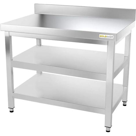 Table de travail en inox 1200 x 800 mm adossée avec 2 étagères PREMIUM - GOLDINOX (1/4)