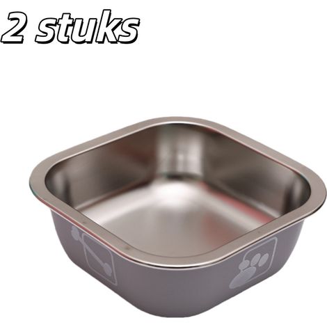 Lot de 2 bacs à litière pour chiens et chats - Carrés - Acier inoxydable - Résistants aux chocs - Gamelle - Accessoires pour animaux - Convient aux chats et aux chiens - 17 x 17 x 7 cm - Gris et blanc (1/5)