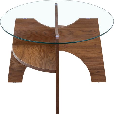 Table basse ovale en verre de sécurité avec plateau inférieur de rangement, structure en bois foncé, bords arrondis et style nordique moderne CHICFURN (1/5)