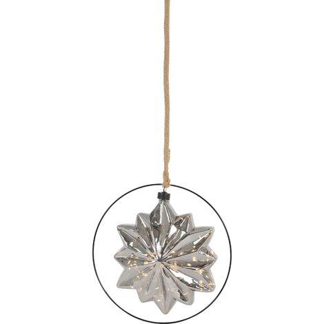 ECD Germany LED-Weihnachtsstern Ø18cm, 40 LEDs, 80cm Seil, Deko Leuchtstern zum Hängen, Warmweiß, Grau, Glasstern mit Beleuchtung & Metallring, batteriebetrieb, Timer, Innen, Deko Stern Weihnachtsdeko