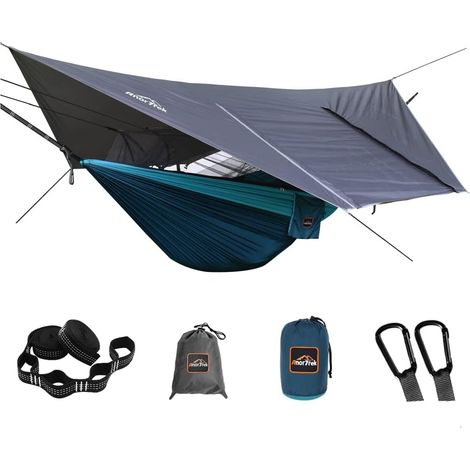 Camping-Hängematte mit Moskitonetz und Regenschutz, tragbare Doppelhängematte mit zwei Baumgurten, 210T Nylon-Hängematte und wasserdichte Plane im Set zum Wandern und Campen