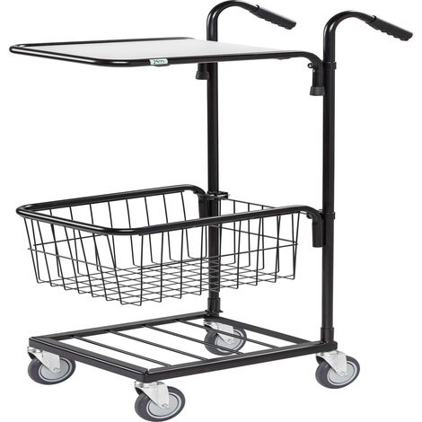 Mini carrello con 2 ripiani più cestello regolabile e freno, Nero/Bianco