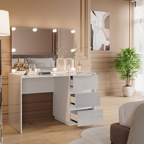 Tavolo da toilette Marla, Bianco lucido, 120 cm con specchio, luci fiabesche a LED, Vicco (1/5)