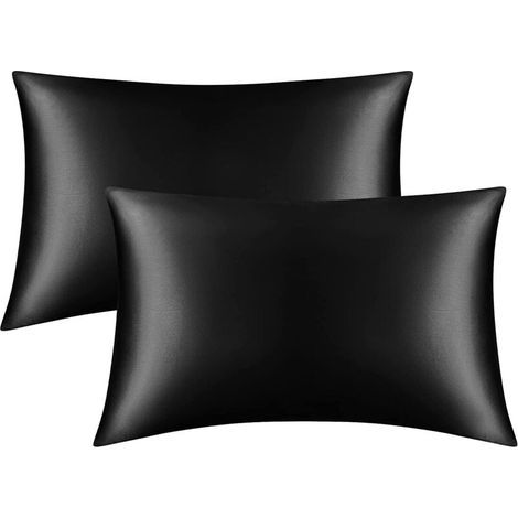 SABIR Lot de 2 Taies Oreiller Satin, Taille Standard 50 x 75 cm, Protège Les Cheveux et La Peau, Hypoallergénique et Respirant Anti-acariens, Protège Oreiller Facile à Laver (Noir , 50 x 75 cm) (1/5)