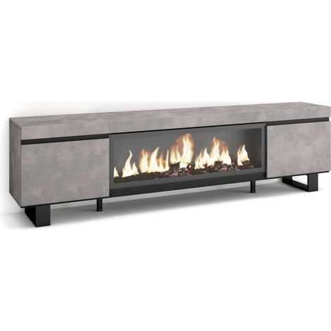 Mueble TV Humilladero-01 de 208x57x35 cm con chimenea eléctrica XXL, diseño industrial, color cemento y negro (1/4)