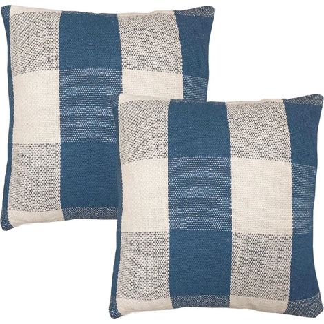 Lot 2 coussins carrés 40 x 40 cm coton brodé de carreaux bleu - ATLAS (1/5)