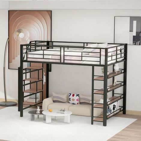 Lit mezzanine - KOMHTOM - Lit mezzanine 140x200 cm - Métal - Escalier avec rangements - Armoire intégrée (1/5)