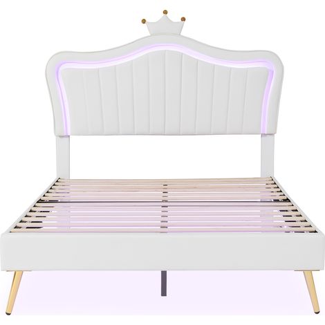 Lit rembourré pour enfant 140 x 200 cm, cadre de lit pour fille, cadre de lit double blanc à tête de lit couronne en cuir PU avec lumières LED, sommier à lattes et dossier (matelas non inclus) (1/5)