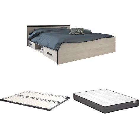 Letto con vani portaoggetti 140 x 190 cm 2 cassetti e 1 nicchia Naturale + Rete + Materasso - PABLO (1/5)