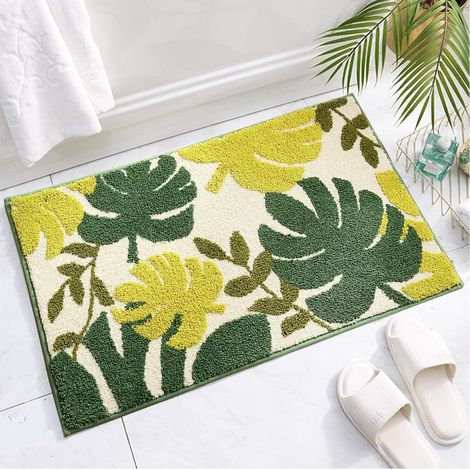 Rutschfeste Badematte mit grünem Blättermuster, 61 x 40,6 cm, maschinenwaschbar, weich und saugfähig, ideal für Badewanne, Dusche und Waschbecken. (1/5)