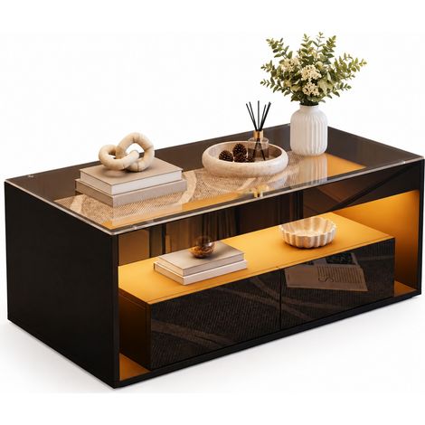 ELVMI Mesa de Centro con 2 Cajones, LED y Estante Abierto, para Salón, de Tablero de Partículas, 100 x 50 x 40 cm, Negro (1/5)