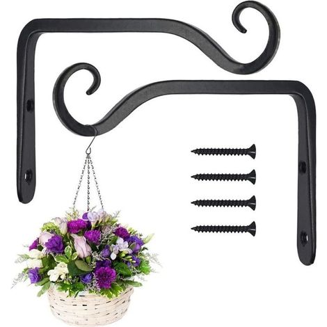 Paquet de 2 crochets de suspension muraux noirs, supports de panier suspendu en fer forgé en métal, support de panier suspendu pour mangeoires à oiseaux/plantes/lanternes/carillons éoliens (avec vis) (1/4)