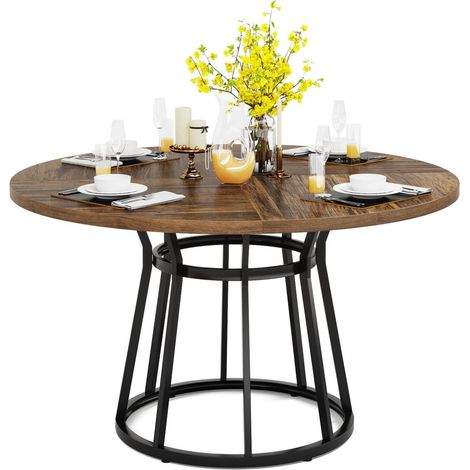 Runder Esstisch 120cm für 4 Personen, braune Holzoptik, Metallfuß, Küchentisch (1/5)
