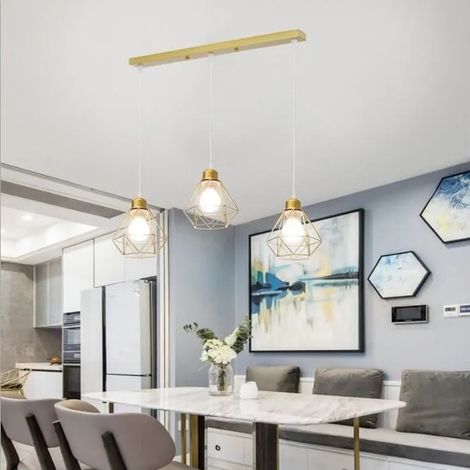 Fusion Lustre en Fer 3 Lampes Suspension Luminaire Réglable Lampe Longue Pôle Doré décoration Café Salon Cuisine (1/4)