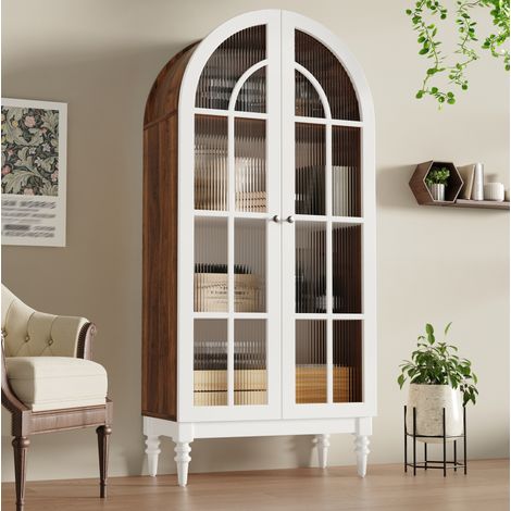 Bogen Vitrinenschrank (76 x 38.5 x 165 cm), mit Riffelglas Türen, 3 Ebenen, MDF, Weiß (1/5)