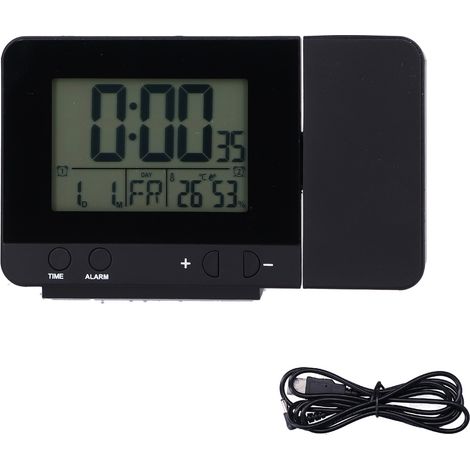 Réveil à projection noir avec écran LCD heure/température, rechargeable par USB, idéal pour la maison. (1/5)