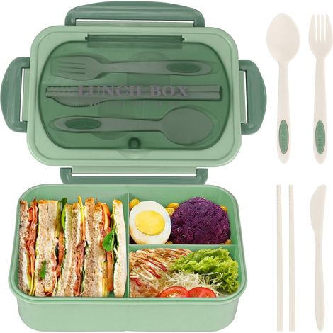 Boîte à lunch Bento pour les repas, 3 compartiments, étanche, compatible micro-ondes, avec couverts, sans BPA.-AquaForge (1/5)